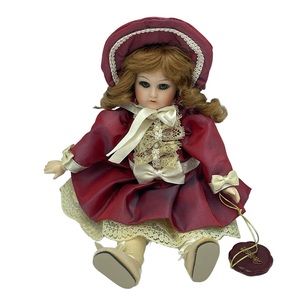Vintage European Burgundy Victorian Doll Genuine Porcelain Décor Collectible 8”